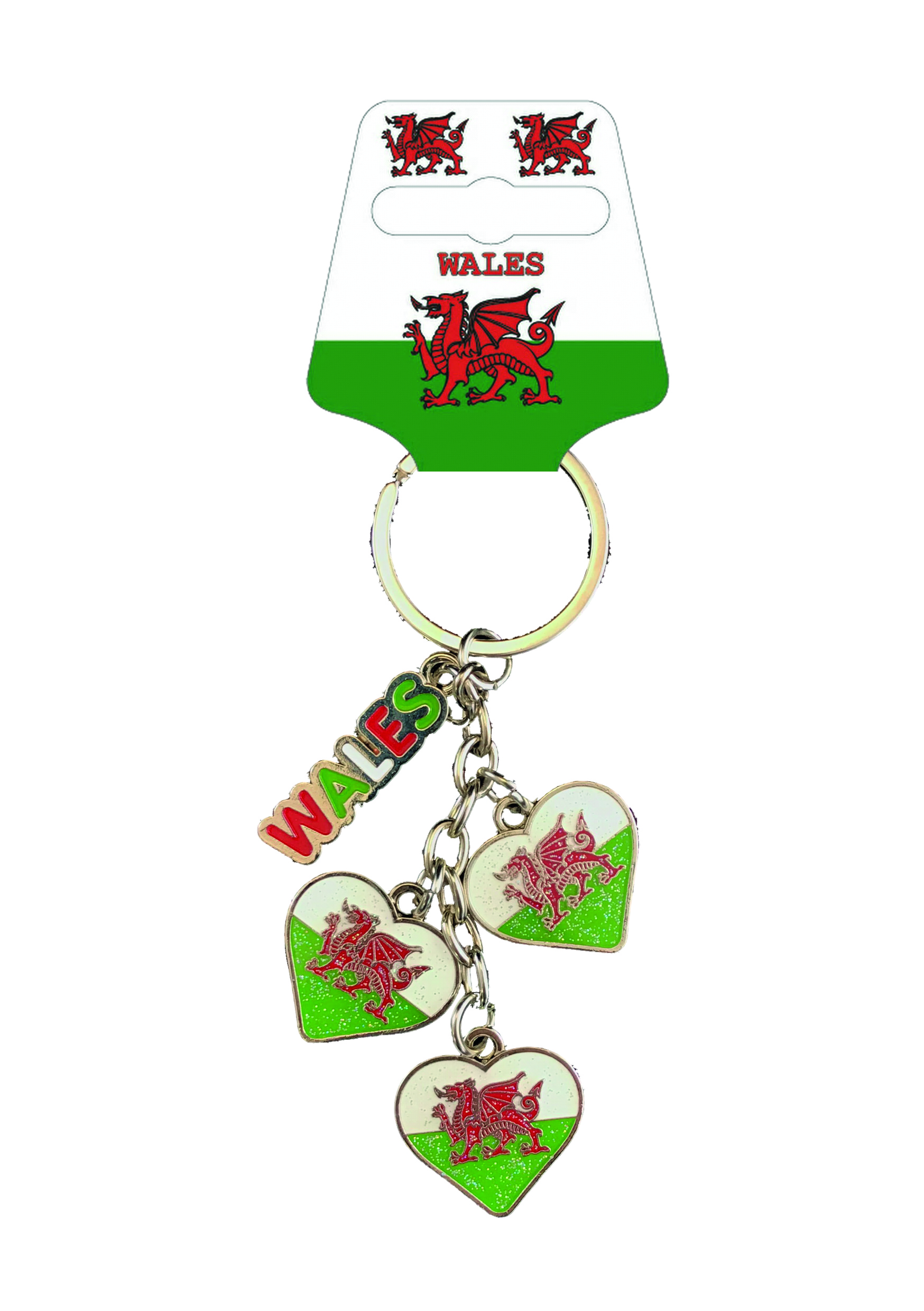 Wales Flag Glitter Heart Charm Metal Keyring