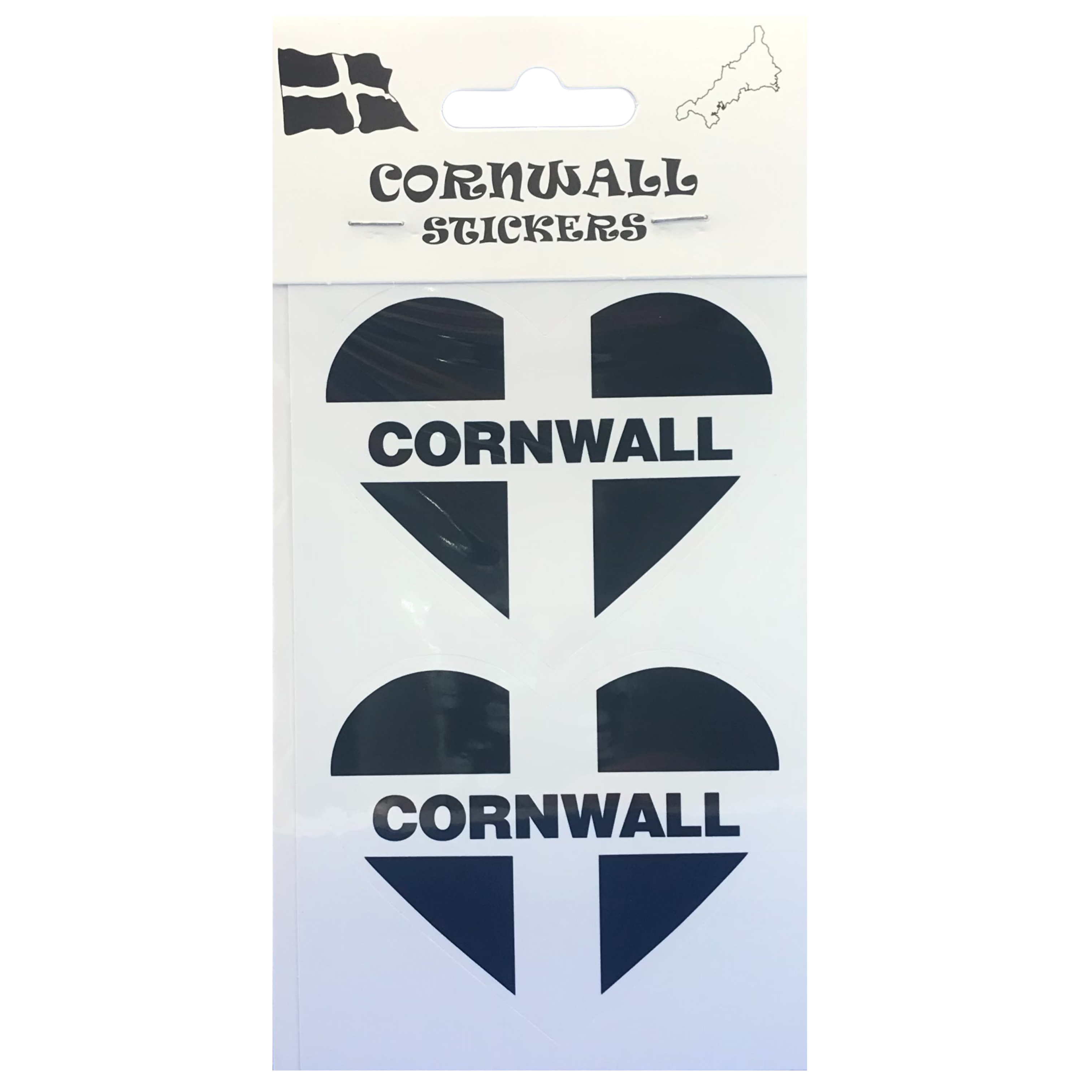 Cornwall flag heart stickers with Cornwall text
