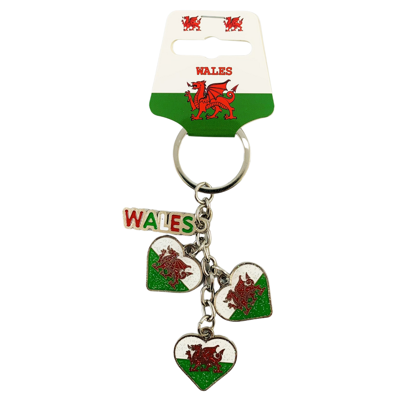 Wales Flag Glitter Heart Charm Metal Keyring