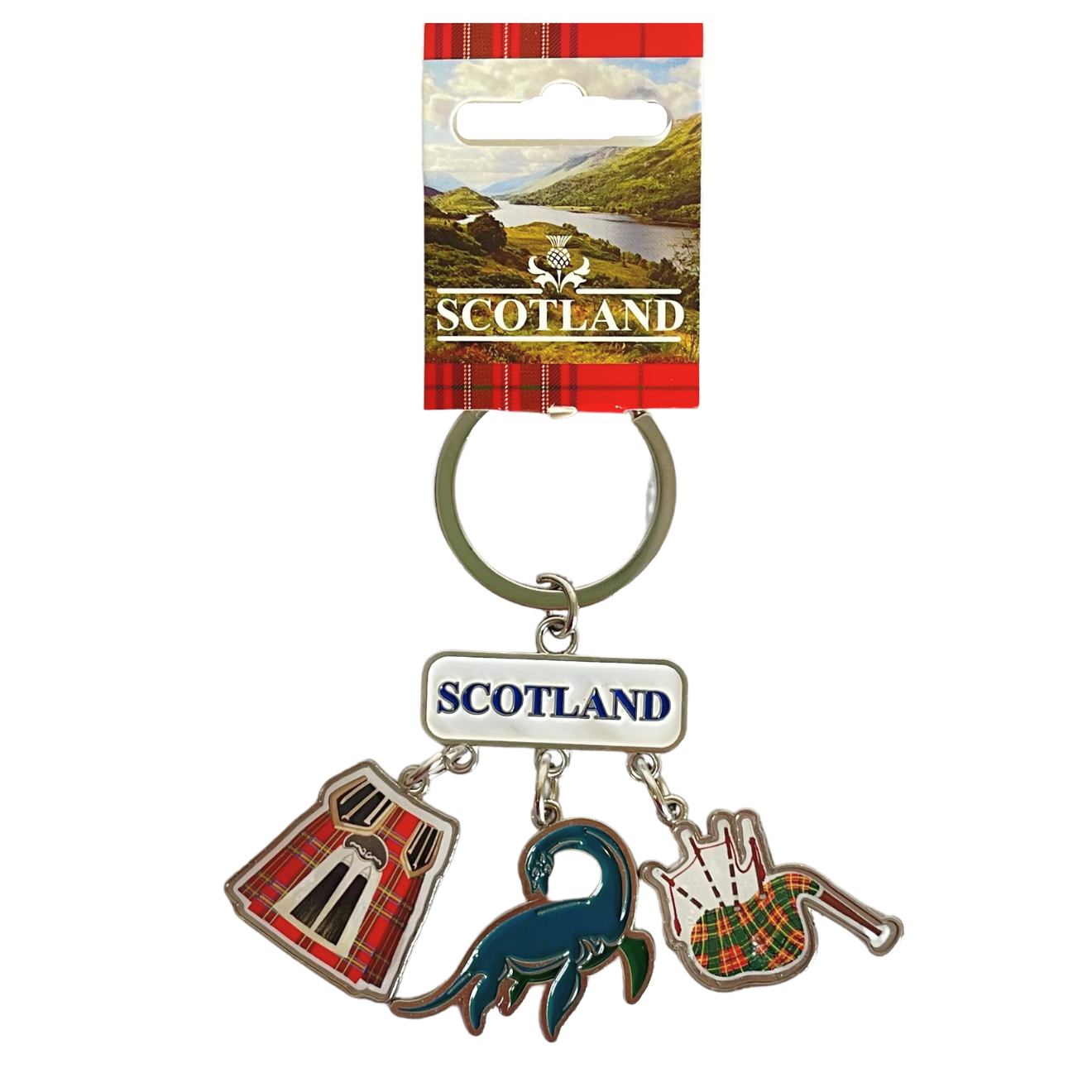 Scotland Nessie Kilt and Bagpipes Metal Charm Keyring